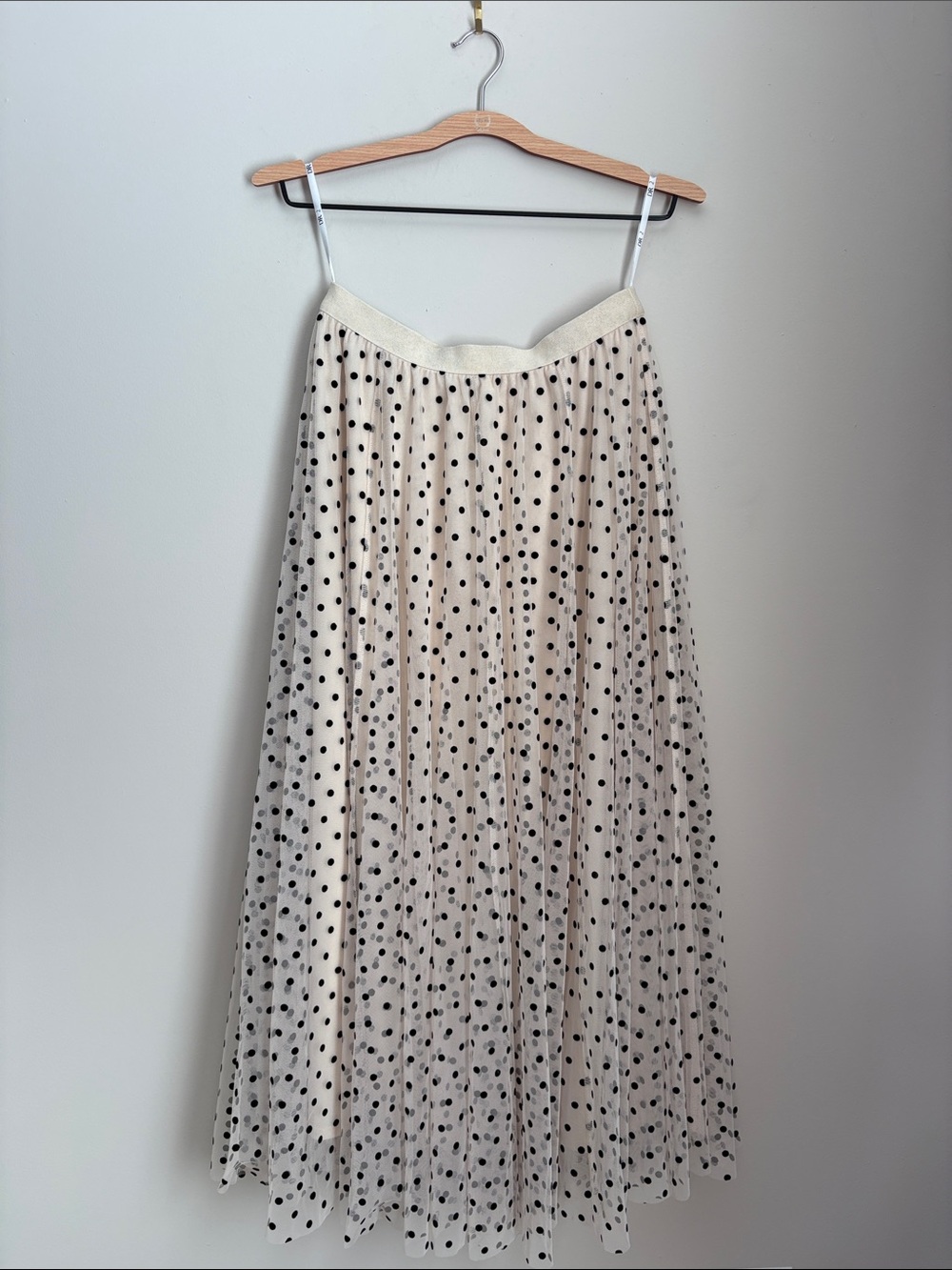 Cream Polka Dot Pleated Maxi Skirt